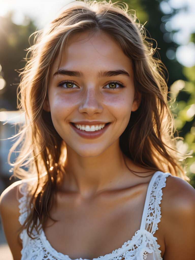 a (((summer teen girl, thin dressed))) caught in a moment of absolute euphoria, with radiant skin, expressive eyes, and a carefree smile that perfectly captures the essence of (absolut joy)