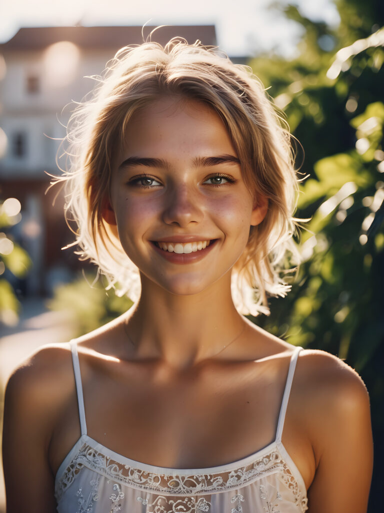 a (((summer teen girl, thin dressed))) caught in a moment of absolute euphoria, with radiant skin, expressive eyes, and a carefree smile that perfectly captures the essence of (absolut joy)