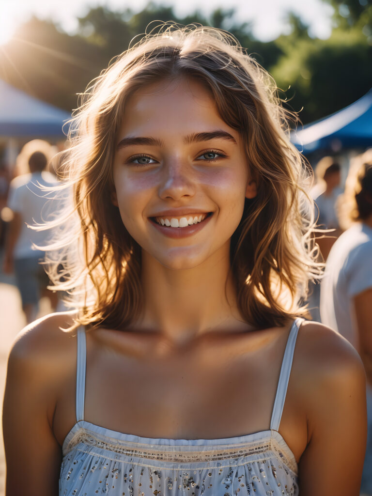 a (((summer teen girl, thin dressed))) caught in a moment of absolute euphoria, with radiant skin, expressive eyes, and a carefree smile that perfectly captures the essence of (absolut joy)