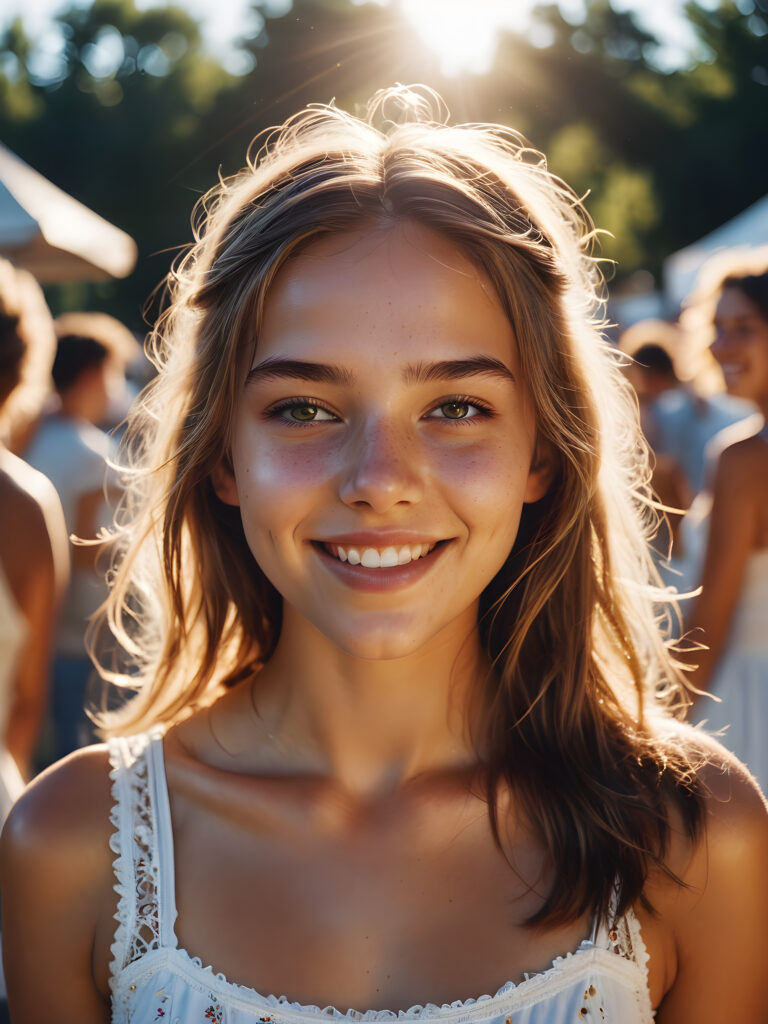 a (((summer teen girl, thin dressed))) caught in a moment of absolute euphoria, with radiant skin, expressive eyes, and a carefree smile that perfectly captures the essence of (absolut joy)