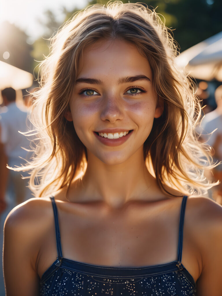 a (((summer teen girl, thin dressed))) caught in a moment of absolute euphoria, with radiant skin, expressive eyes, and a carefree smile that perfectly captures the essence of (absolut joy)