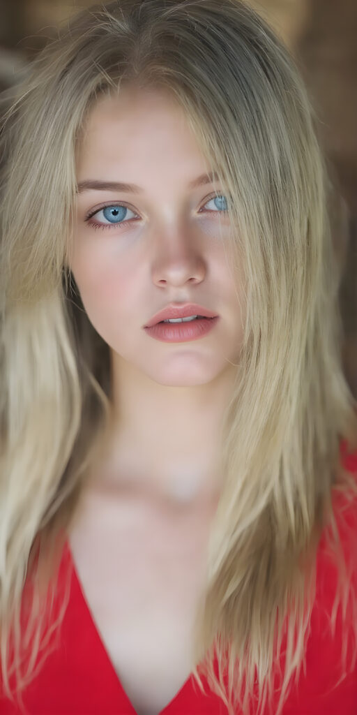 a (((super-clear and detailed photograph))) depicting a (((beautiful girl))) with ((long, straight, thick, untucked natural white golden blonde hair)) that flows down past her shoulders and captures the light as she poses elegantly in a natural and comfortable manner. Her ((natural skin is pale white)) and her ((lips are full and painted in a perfect hue of red)), which match her ((bright blue eyes))). She wears a (((perfect red dress))), which accentuates her ((perfect figure)). The overall atmosphere of the photograph is soft and warm, with a ((natural light shining on her face)), illuminating her ((face and body)) in a (((professional studio photograph))). This image has a ((golden and soft lighting)), which gives it a ((warm and inviting look)).