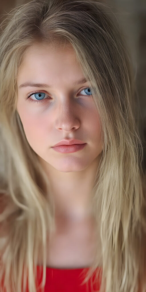 a (((super-clear and detailed photograph))) depicting a (((beautiful girl))) with ((long, straight, thick, untucked natural white golden blonde hair)) that flows down past her shoulders and captures the light as she poses elegantly in a natural and comfortable manner. Her ((natural skin is pale white)) and her ((lips are full and painted in a perfect hue of red)), which match her ((bright blue eyes))). She wears a (((perfect red dress))), which accentuates her ((perfect figure)). The overall atmosphere of the photograph is soft and warm, with a ((natural light shining on her face)), illuminating her ((face and body)) in a (((professional studio photograph))). This image has a ((golden and soft lighting)), which gives it a ((warm and inviting look)).