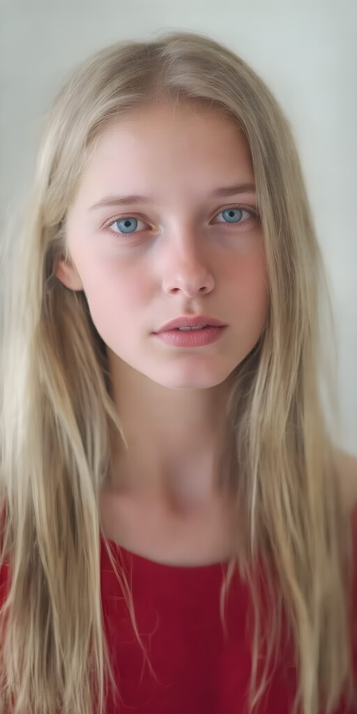 a (((super-clear and detailed photograph))) depicting a (((beautiful girl))) with ((long, straight, thick, untucked natural white golden blonde hair)) that flows down past her shoulders and captures the light as she poses elegantly in a natural and comfortable manner. Her ((natural skin is pale white)) and her ((lips are full and painted in a perfect hue of red)), which match her ((bright blue eyes))). She wears a (((perfect red dress))), which accentuates her ((perfect figure)). The overall atmosphere of the photograph is soft and warm, with a ((natural light shining on her face)), illuminating her ((face and body)) in a (((professional studio photograph))). This image has a ((golden and soft lighting)), which gives it a ((warm and inviting look)).