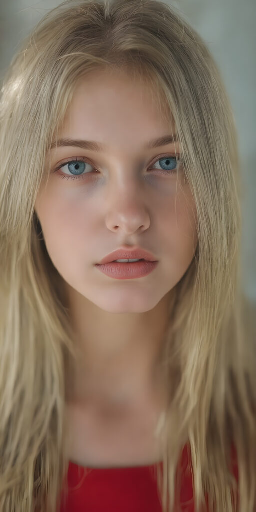 a (((super-clear and detailed full-face photograph))) depicting a (((beautiful girl))) with ((long, straight, thick, untucked natural white golden blonde hair)) that flows down past her shoulders and captures the light as she poses elegantly in a natural and comfortable manner. Her ((natural skin is pale white)) and her ((lips are full and painted in a perfect hue of red)), which match her ((bright blue eyes))). She wears a (((perfect red dress))), which accentuates her ((perfect figure)). The overall atmosphere of the photograph is soft and warm, with a ((natural light shining on her face)), illuminating her ((face and body)) in a (((professional studio photograph))). This image has a ((golden and soft lighting)), which gives it a ((warm and inviting look)).