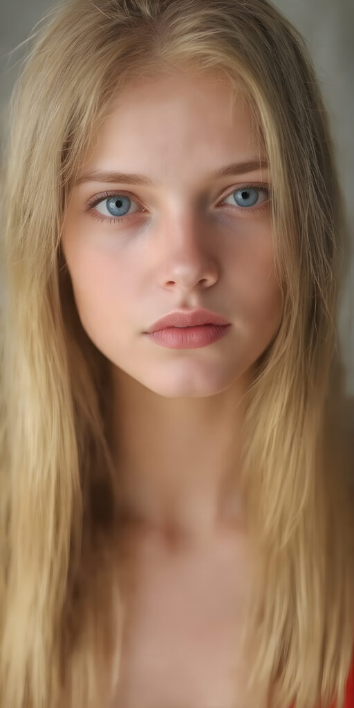 a (((super-clear and detailed full-face photograph))) depicting a (((beautiful girl))) with ((long, straight, thick, untucked natural white golden blonde hair)) that flows down past her shoulders and captures the light as she poses elegantly in a natural and comfortable manner. Her ((natural skin is pale white)) and her ((lips are full and painted in a perfect hue of red)), which match her ((bright blue eyes))). She wears a (((perfect red dress))), which accentuates her ((perfect figure)). The overall atmosphere of the photograph is soft and warm, with a ((natural light shining on her face)), illuminating her ((face and body)) in a (((professional studio photograph))). This image has a ((golden and soft lighting)), which gives it a ((warm and inviting look)).