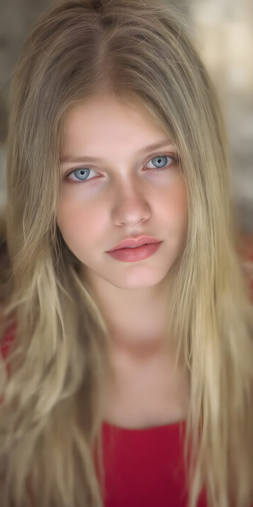 a (((super-clear and detailed photograph))) depicting a (((beautiful girl))) with ((long, straight, thick, untucked natural white golden blonde hair)) that flows down past her shoulders and captures the light as she poses elegantly in a natural and comfortable manner. Her ((natural skin is pale white)) and her ((lips are full and painted in a perfect hue of red)), which match her ((bright blue eyes))). She wears a (((perfect red dress))), which accentuates her ((perfect figure)). The overall atmosphere of the photograph is soft and warm, with a ((natural light shining on her face)), illuminating her ((face and body)) in a (((professional studio photograph))). This image has a ((golden and soft lighting)), which gives it a ((warm and inviting look)).