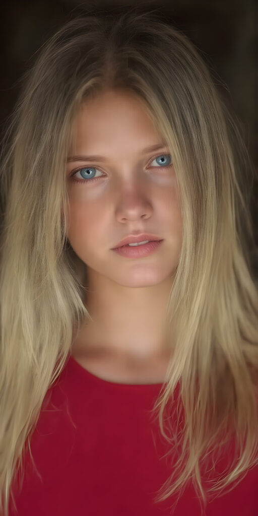 a (((super-clear and detailed photograph))) depicting a (((beautiful girl))) with ((long, straight, thick, untucked natural white golden blonde hair)) that flows down past her shoulders and captures the light as she poses elegantly in a natural and comfortable manner. Her ((natural skin is pale white)) and her ((lips are full and painted in a perfect hue of red)), which match her ((bright blue eyes))). She wears a (((perfect red dress))), which accentuates her ((perfect figure)). The overall atmosphere of the photograph is soft and warm, with a ((natural light shining on her face)), illuminating her ((face and body)) in a (((professional studio photograph))). This image has a ((golden and soft lighting)), which gives it a ((warm and inviting look)).