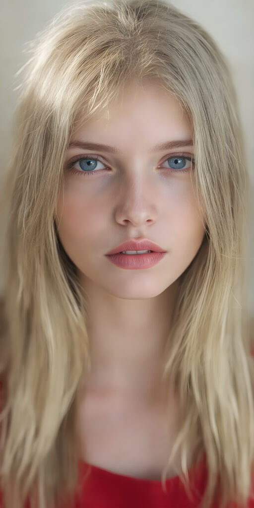 a (((super-clear and detailed full-face photograph))) depicting a (((beautiful girl))) with ((long, straight, thick, untucked natural white golden blonde hair)) that flows down past her shoulders and captures the light as she poses elegantly in a natural and comfortable manner. Her ((natural skin is pale white)) and her ((lips are full and painted in a perfect hue of red)), which match her ((bright blue eyes))). She wears a (((perfect red dress))), which accentuates her ((perfect figure)). The overall atmosphere of the photograph is soft and warm, with a ((natural light shining on her face)), illuminating her ((face and body)) in a (((professional studio photograph))). This image has a ((golden and soft lighting)), which gives it a ((warm and inviting look)).