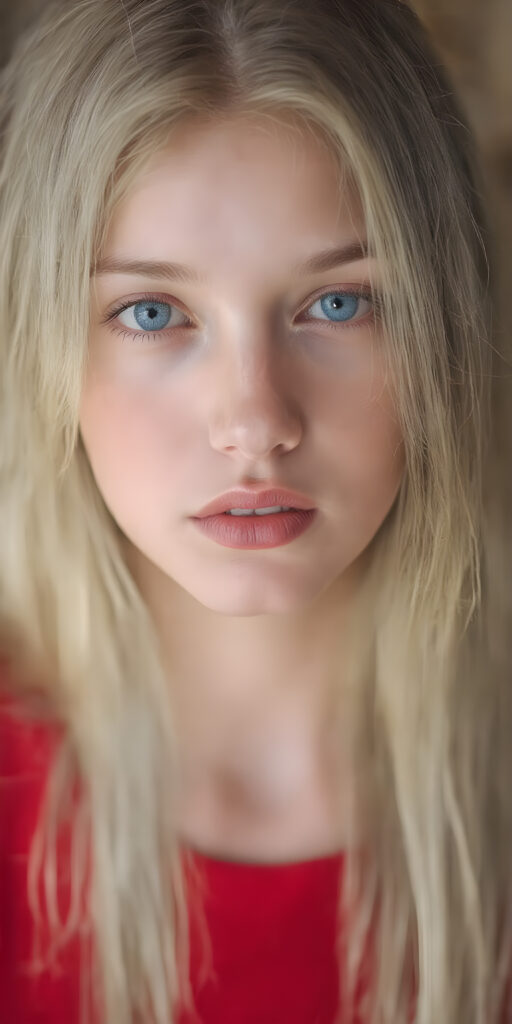 a (((super-clear and detailed full-face photograph))) depicting a (((beautiful girl))) with ((long, straight, thick, untucked natural white golden blonde hair)) that flows down past her shoulders and captures the light as she poses elegantly in a natural and comfortable manner. Her ((natural skin is pale white)) and her ((lips are full and painted in a perfect hue of red)), which match her ((bright blue eyes))). She wears a (((perfect red dress))), which accentuates her ((perfect figure)). The overall atmosphere of the photograph is soft and warm, with a ((natural light shining on her face)), illuminating her ((face and body)) in a (((professional studio photograph))). This image has a ((golden and soft lighting)), which gives it a ((warm and inviting look)).