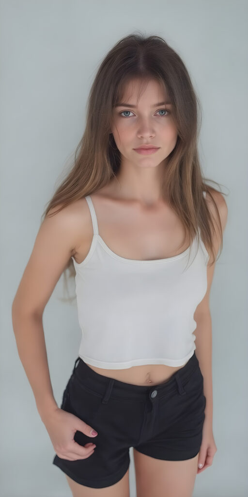 a (((super cute adult girl))) with pale skin, with (((soft long straight brown detailed hair))), dressed in a sleek ((white cropped tank top)), (((black mini shorts))), show her perfect belly button that give off a cozy, laid-back vibe, full body view, grey empty backdrop