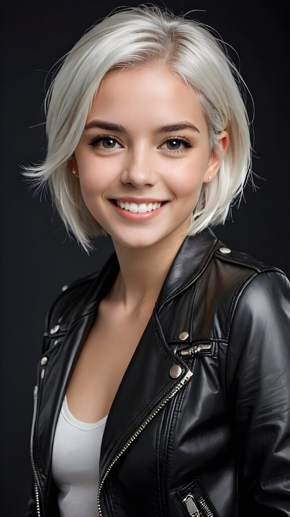 a (((super cute young girlie))), intricate details and sharp focus, set against a backdrop of a (short, sleek black leather jacket) and (real, white hair), emphasizing her exquisite features such as (straight, white teeth) and (perfect, clear skin), all captured in a (professional studio portrait), with a focus on her face, showcasing its exquisite beauty and clarity at an ultra high resolution of 4K or higher