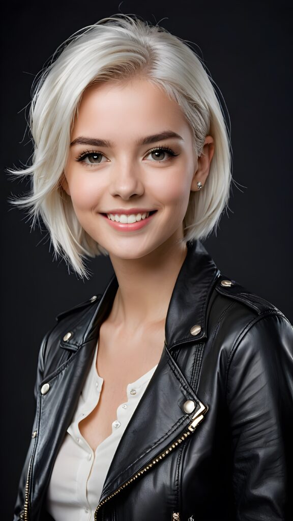 a (((super cute young girlie))), intricate details and sharp focus, set against a backdrop of a (short, sleek black leather jacket) and (real, white hair), emphasizing her exquisite features such as (straight, white teeth) and (perfect, clear skin), all captured in a (professional studio portrait), with a focus on her face, showcasing its exquisite beauty and clarity at an ultra high resolution of 4K or higher