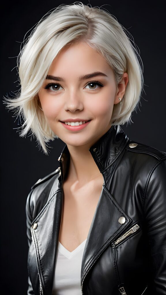 a (((super cute young girlie))), intricate details and sharp focus, set against a backdrop of a (short, sleek black leather jacket) and (real, white hair), emphasizing her exquisite features such as (straight, white teeth) and (perfect, clear skin), all captured in a (professional studio portrait), with a focus on her face, showcasing its exquisite beauty and clarity at an ultra high resolution of 4K or higher