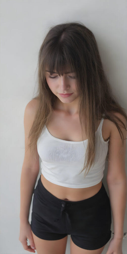 a (((super cute adult girl))) with pale skin, with (((soft long straight brown detailed hair))), dressed in a sleek ((white cropped tank top)), (((black mini shorts))), show her perfect belly button that give off a cozy, laid-back vibe, full body view, grey empty backdrop