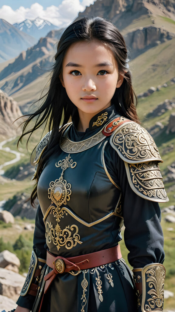 a super detailed and realistic photo from an ancient young Mongolian warrior teen girl in black, light armor. Top of mountain. She has shoulder long straight black soft hair. Perfect body. Against a natural backdrop. (Genghis Khan's daughter)