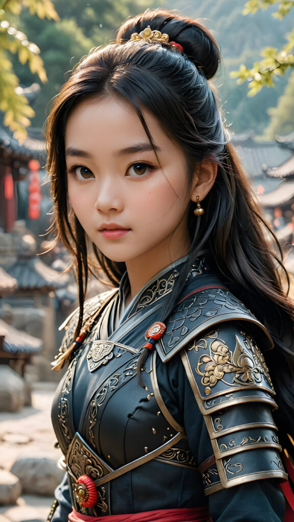 a super detailed and realistic photo from an ancient young Chinese warrior teen girl in black, light armor. She has long hair. Perfect body. (Mulan)