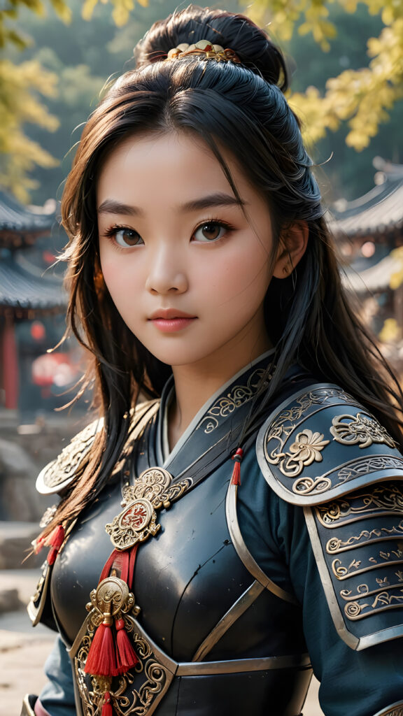 a super detailed and realistic photo from an ancient young Chinese warrior teen girl in black, light armor. She has long hair. Perfect body. (Mulan)