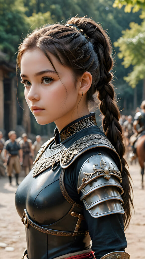 a super detailed and realistic photo from an ancient young warrior teen girl in black, light armor. She has long hair tied into a pony tail. Perfect body, side view