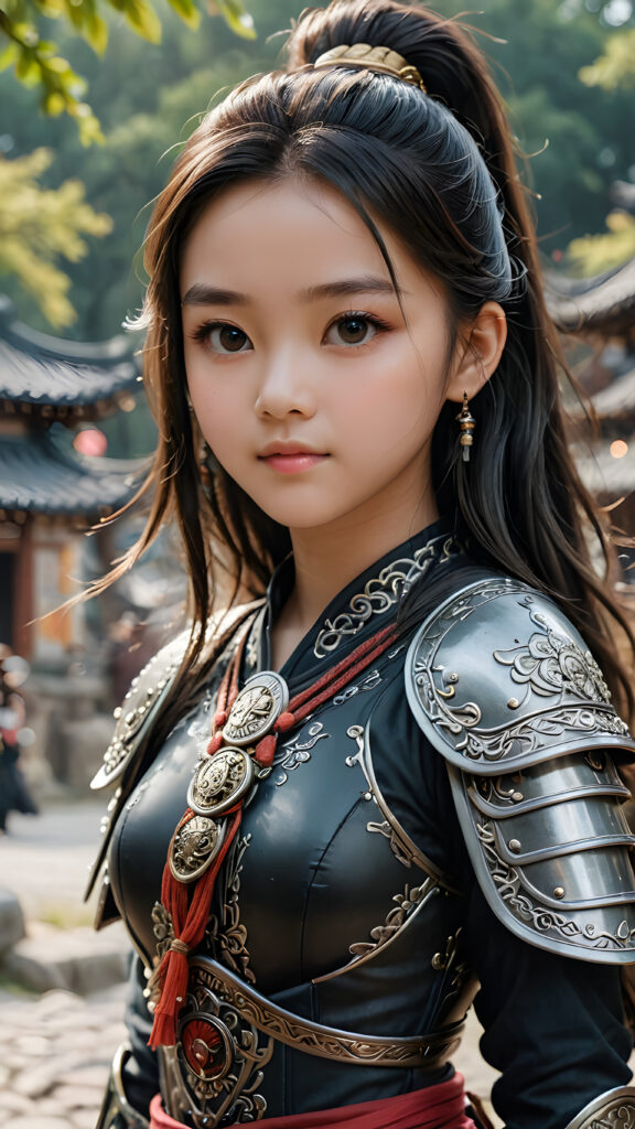 a super detailed and realistic photo from an ancient young Chinese warrior teen girl in black, light armor. She has long hair. Perfect body