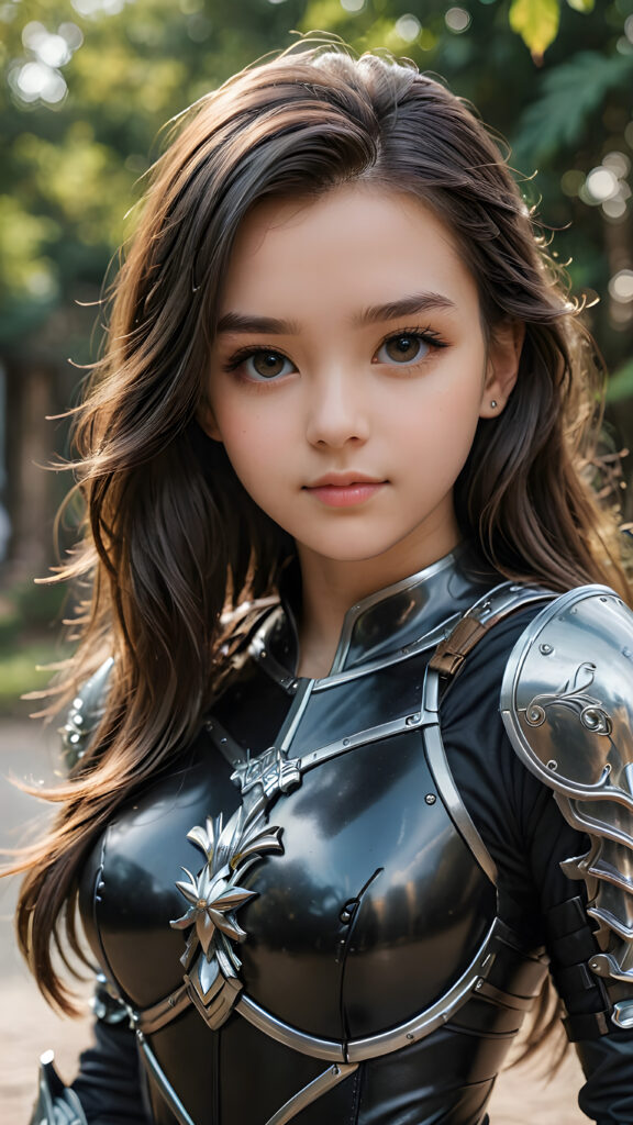 a super detailed and realistic photo from a teen girl in black, light armor. She has long hair. Perfect body