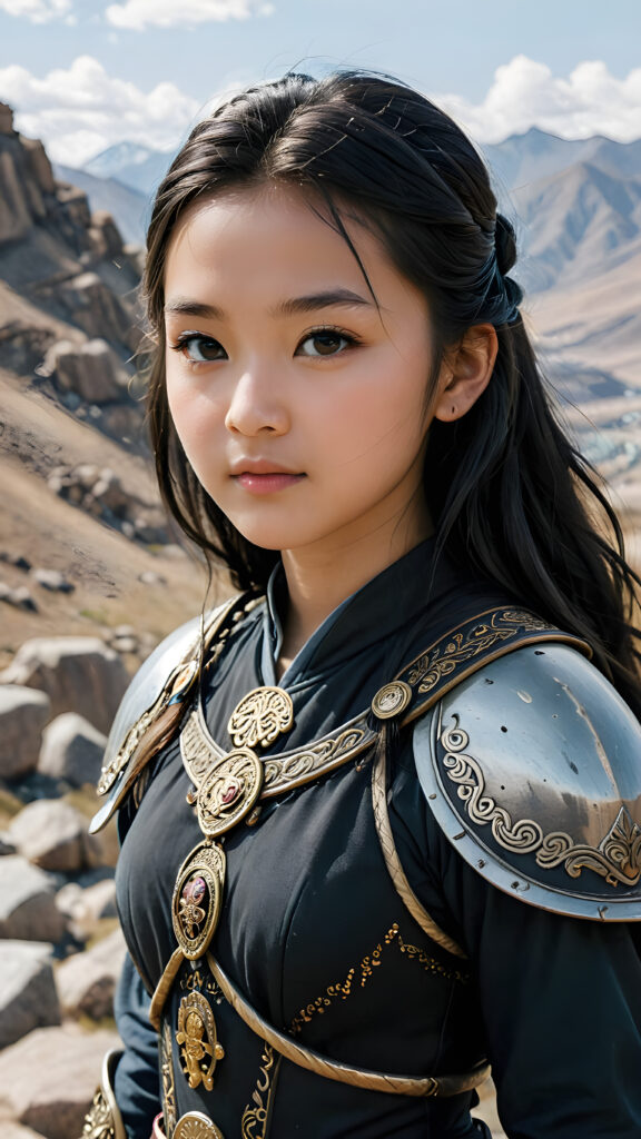 a super detailed and realistic photo from an ancient young Mongolian warrior teen girl in black, light armor. Top of mountain. She has shoulder long straight black soft hair. Perfect body. Against a natural backdrop. (Genghis Khan's daughter)