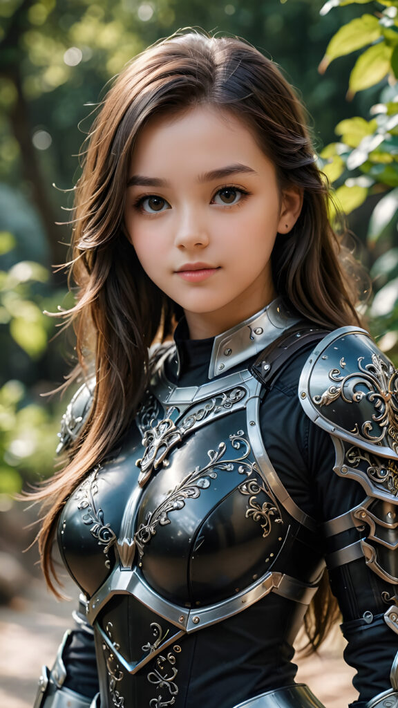 a super detailed and realistic photo from a teen girl in black, light armor. She has long hair. Perfect body