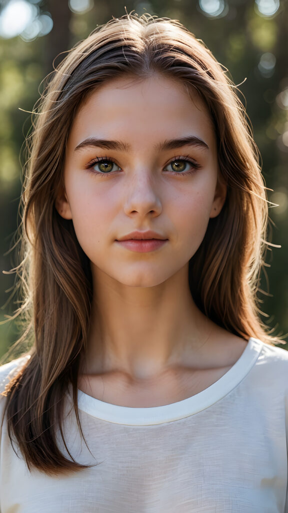 a super detailed, realistic half-body portrait of a 14-year-old girl with a flawless complexion. her hair is long, light brown, and straight. she has faceted, perfect crystal-clear eyes. her eyebrows are light brown and elegant. her lips are full and perfectly sculpted. she wears a thin, cropped white t-shirt, she stands in a serene, natural setting. she looks sweet at the camera.