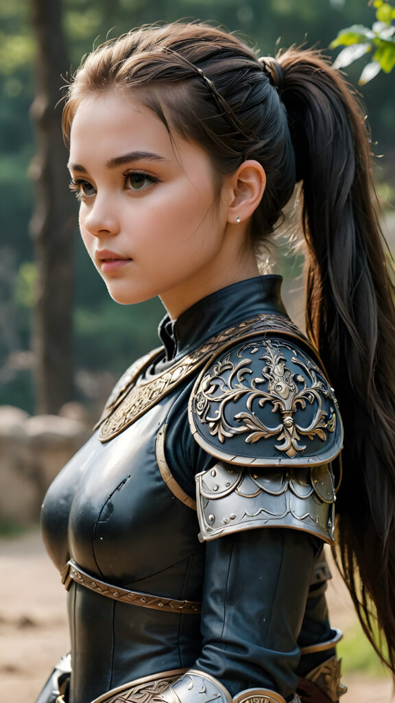 a super detailed and realistic photo from an ancient young warrior teen girl in black, light armor. She has long hair tied into a pony tail. Perfect body, side view