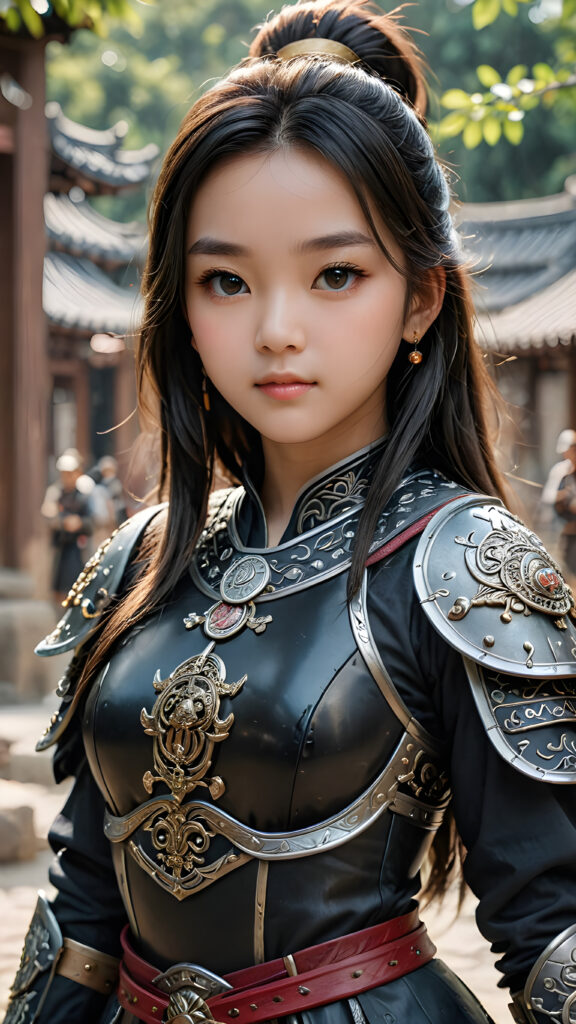 a super detailed and realistic photo from an ancient young Chinese warrior teen girl in black, light armor. She has long hair. Perfect body