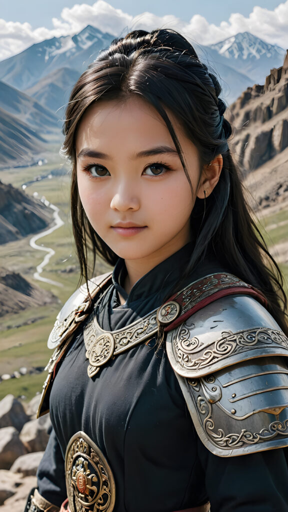 a super detailed and realistic photo from an ancient young Mongolian warrior teen girl in black, light armor. Top of mountain. She has shoulder long straight black soft hair. Perfect body. Against a natural backdrop. (Genghis Khan's daughter)