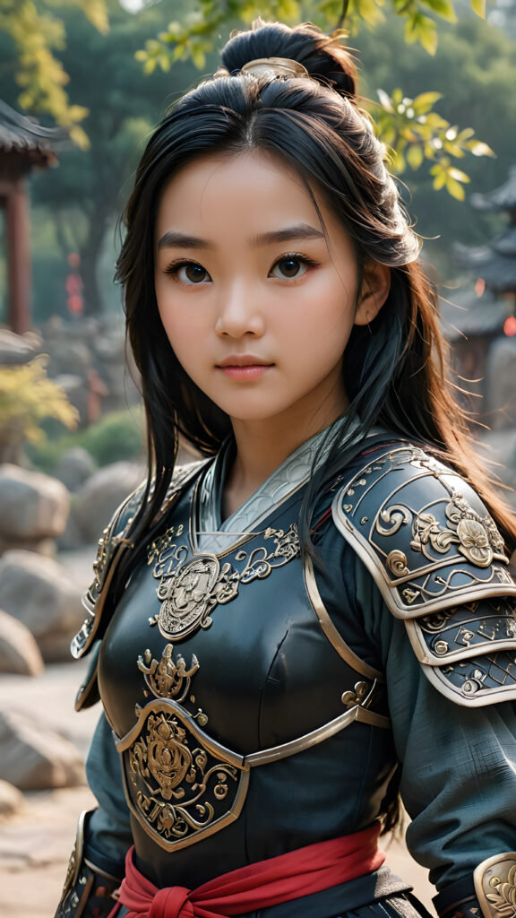 a super detailed and realistic photo from an ancient young Chinese warrior teen girl in black, light armor. She has long hair. Perfect body. (Mulan)