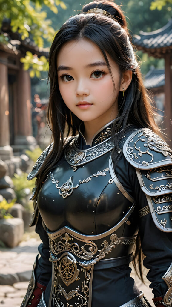 a super detailed and realistic photo from an ancient young Chinese warrior teen girl in black, light armor. She has long hair. Perfect body