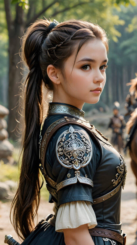 a super detailed and realistic photo from an ancient young warrior teen girl in black, light armor. She has long hair tied into a pony tail. Perfect body, side view