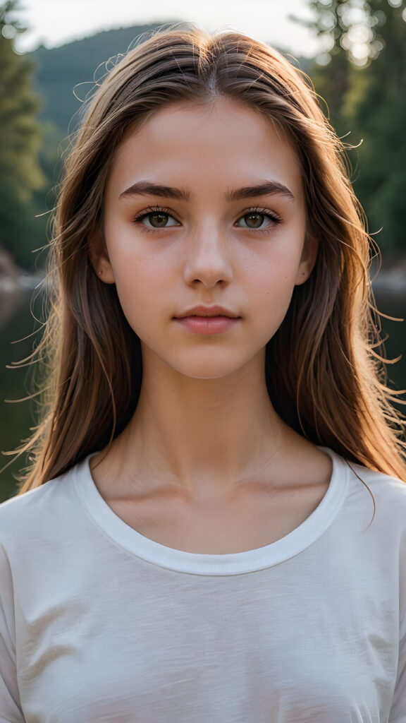 a super detailed, realistic half-body portrait of a 14-year-old girl with a flawless complexion. her hair is long, light brown, and straight. she has faceted, perfect crystal-clear eyes. her eyebrows are light brown and elegant. her lips are full and perfectly sculpted. she wears a thin, cropped white t-shirt, she stands in a serene, natural setting. she looks sweet at the camera.