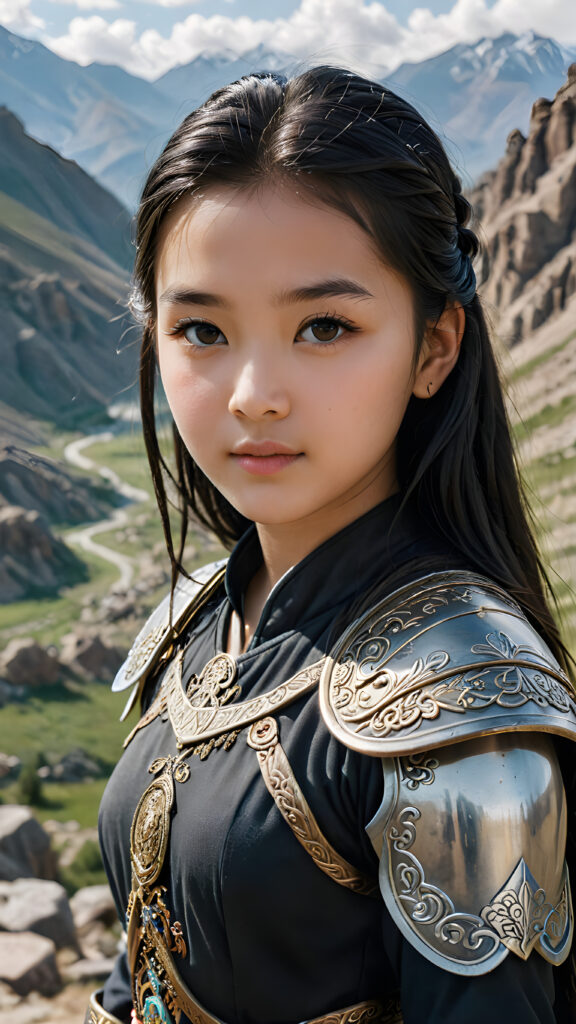 a super detailed and realistic photo from an ancient young Mongolian warrior teen girl in black, light armor. Top of mountain. She has shoulder long straight black soft hair. Perfect body. Against a natural backdrop. (Genghis Khan's daughter)