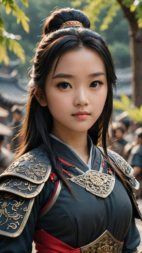 a super detailed and realistic photo from an ancient young Chinese warrior teen girl in black, light armor. She has long hair. Perfect body. (Mulan)