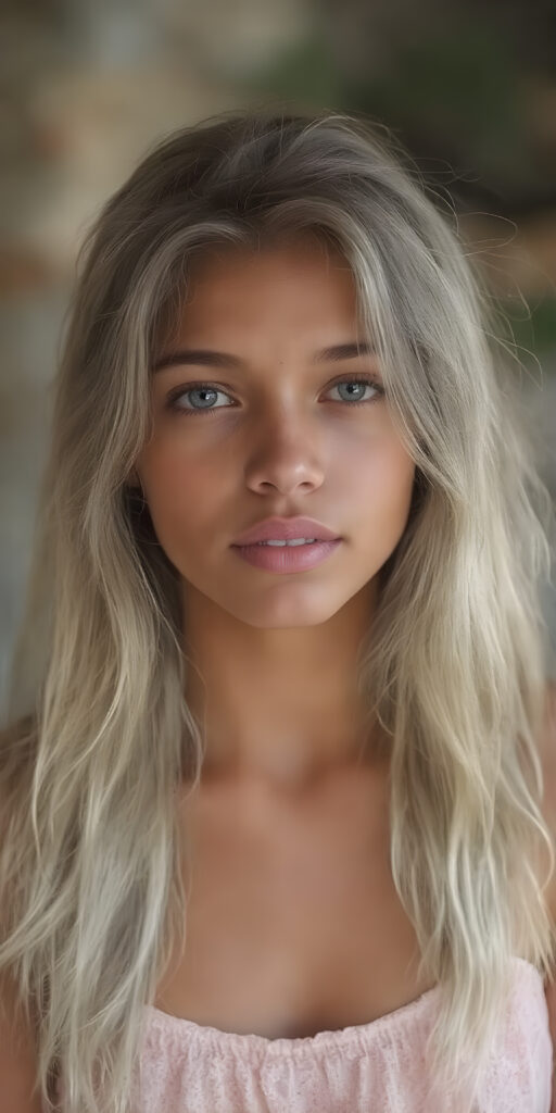 a (((super nice and charming young teen girl), age 15, with an innocent air yet a mature and welcoming expression) with flowing, (((extremely long white hair))) that cascades down to her hips, (softly waving) in a warm, inviting summer breeze. Her features are exuding an unmistakable allure, with perfectly sculpted lips and eyes that radiate a youthful vibrancy. Her skin is a light brown canvas that adds to her ethereal allure. (((She's dressed in a very cute summer dress that accentuates her flawless complexion even at an early age))) She's not only effortlessly beautiful but also exudes a sense of youthful charm and confidence, making her even more of a heart-throb in the teenage scene.