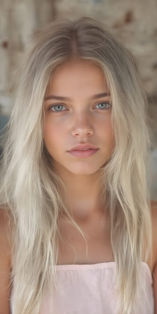 a (((super nice and charming young teen girl), age 15, with an innocent air yet a mature and welcoming expression) with flowing, (((extremely long white hair))) that cascades down to her hips, (softly waving) in a warm, inviting summer breeze. Her features are exuding an unmistakable allure, with perfectly sculpted lips and eyes that radiate a youthful vibrancy. Her skin is a light brown canvas that adds to her ethereal allure. (((She's dressed in a very cute summer dress that accentuates her flawless complexion even at an early age))) She's not only effortlessly beautiful but also exudes a sense of youthful charm and confidence, making her even more of a heart-throb in the teenage scene.