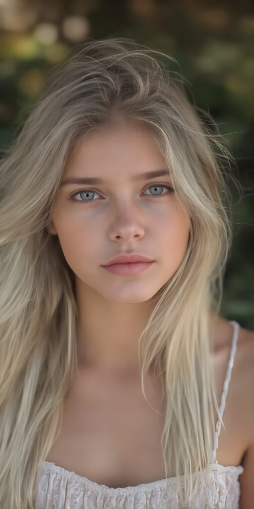 a (((super nice and charming young teen girl), age 15, with an innocent air yet a mature and welcoming expression) with flowing, (((extremely long white hair))) that cascades down to her hips, (softly waving) in a warm, inviting summer breeze. Her features are exuding an unmistakable allure, with perfectly sculpted lips and eyes that radiate a youthful vibrancy. Her skin is a light brown canvas that adds to her ethereal allure. (((She's dressed in a very cute summer dress that accentuates her flawless complexion even at an early age))) She's not only effortlessly beautiful but also exudes a sense of youthful charm and confidence, making her even more of a heart-throb in the teenage scene.