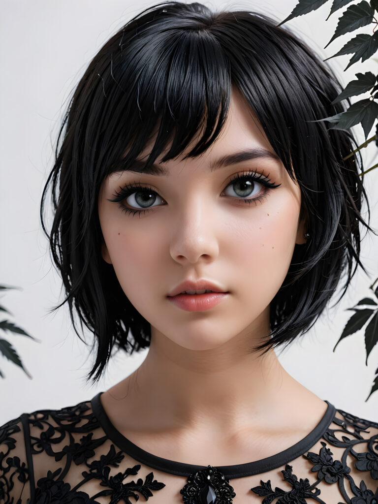 a (((super realistic, highly detailed, intricate photography))), capturing a (((beautiful young teen Emo girl))) with an extremely defined and detailed face, including (((perfect, detailed obsidian black short hair, bangs))), intense eye shadow, and a (short, detailed black dress) with (sharply contrasting, luxurious black and white details), paired with (distinctively shaped, vividly hued glass heels) and a (modern, minimalist white backdrop) for a (close-up, detailed portrait) that exudes an (ominous, seductive aura), accented by (subtle yet intricate gothic details) like (dark, twisted foliage) and (ethereal, shimmering glowing particles) that imbue a sense of mystery and magic