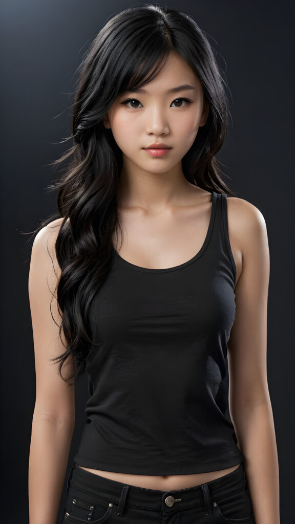 a (((super realistic and highly detailed full-body photo))), capturing a (((beautiful and innocent 13-year-old Asian Emo girl))) with (((very long, thick, wavy black hair))), and (a short, cropped tank top), she stands in a (dark, gloomy setting) with (volumetric lighting) that brings out her (natural features) and (beautiful eyes), set against a (plain, dark backdrop) that focuses on her face, with (black hair) (perfect, accurate anatomy) and (high quality, high detail) that make her a (super-realistic, 3D character)