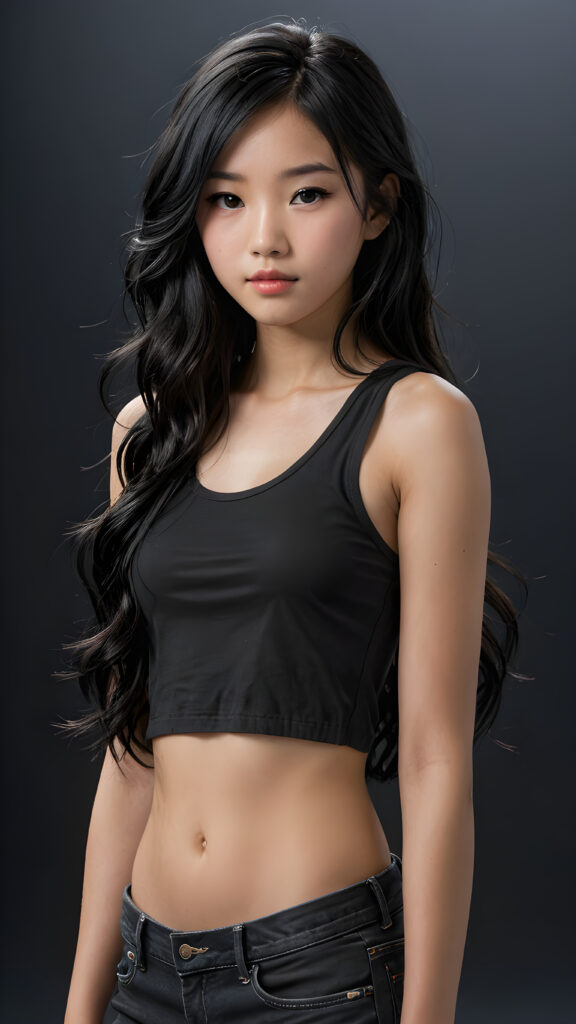 a (((super realistic and highly detailed full-body photo))), capturing a (((beautiful and innocent 13-year-old Asian Emo girl))) with (((very long, thick, wavy black hair))), and (a short, cropped tank top), she stands in a (dark, gloomy setting) with (volumetric lighting) that brings out her (natural features) and (beautiful eyes), set against a (plain, dark backdrop) that focuses on her face, with (black hair) (perfect, accurate anatomy) and (high quality, high detail) that make her a (super-realistic, 3D character)