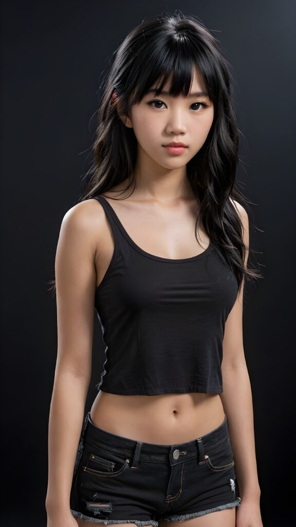 a (((super realistic and highly detailed full-body photo))), capturing a (((beautiful and innocent 13-year-old Asian Emo girl))) with (((very long, thick, wavy black hair with bangs))), and (a short, cropped tank top), she stands in a (dark, gloomy setting) with (volumetric lighting) that brings out her (natural features) and (beautiful eyes), set against a (plain, dark backdrop) that focuses on her face, with (black hair) (perfect, accurate anatomy) and (high quality, high detail) that make her a (super-realistic, 3D character)