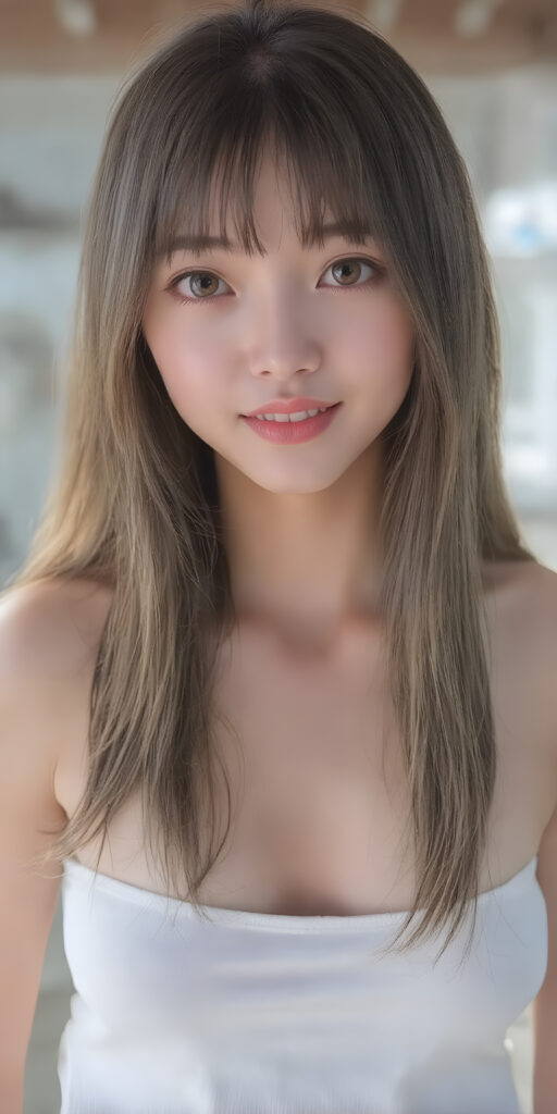 a (((super realistic))), (((high quality 8K image with intricate details))), capturing a (((extremely cute and stunning Asian teen girl) with vivid, long, straight dark blond hair styled in soft bangs, clear and natural eyes reflecting light, a charming smile softly curved, natural-looking lips, perfect for showcasing her beautiful face. She wears a ((white cropped top)) and ((short short jeans)), (((both open to emphasize her perfect legs)), with the sun's rays illuminating her skin, giving it an ethereal glow. (((She wears a single thin ((white) strapless cropped top and ((white jeans)), open to reveal her ((perfect legs).))) The scene is (extremely detailed) and (blurry background) with a ((face-forward pose)) and a ((natural look)) that emphasizes her youthful features. (((She is as realistic as possible, with a slightly flawless complexion and perfectly straight white teeth, all visible in a full-body portrait))).