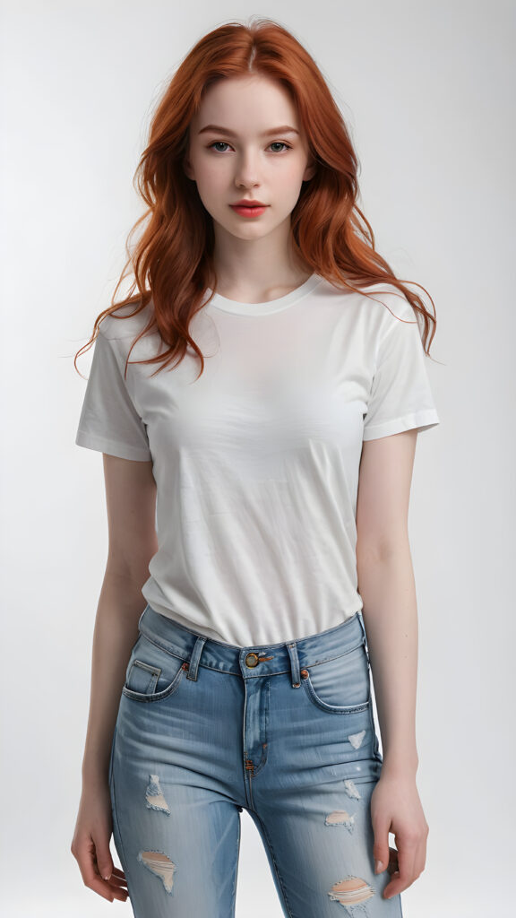 a (((super realistic and highly detailed full-body portrait))), featuring a (((beautiful young girl with delicate, pale white skin))), long, fluffy, super soft red hair that covers half her face, with natural red lips and a cute, playful expression, looking sweetly into the camera. She's dressed in a (((white t-shirt and jeans))), with a (((natural, full-body view))), exuding a (((super real, full-body essence))), as if captured in a (((realistic film scene))). The background is (((completely blurred out)), creating a (((purely fantasy, abstract white backdrop))), against which the girl's features and clothes appear in sharp detail, embodying an ultra-detailed, surreal fantasy aesthetic that is both realistic and highly detailed, with an 8K resolution that brings out every subtle detail, capturing the essence of the latest trends in artstation and photorealistic concept art. ((full body))