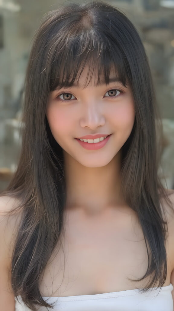 a (((super realistic))), (((high quality 8K image with intricate details))), capturing a (((extremely cute and stunning Asian teen girl) with vivid, long, straight black hair styled in soft bangs, clear and natural eyes reflecting light, a charming smile softly curved, natural-looking kissable lips, perfect for showcasing her beautiful face. She wears a ((white cropped top)), with the sun's rays illuminating her skin, giving it an ethereal glow. (((She wears a single thin ((white) strapless cropped top. The scene is (extremely detailed) with a ((face-forward pose)) and a ((natural look)) that emphasizes her youthful features. (((She is as realistic as possible, with a slightly flawless complexion and perfectly straight white teeth, all visible in a full-body portrait))).