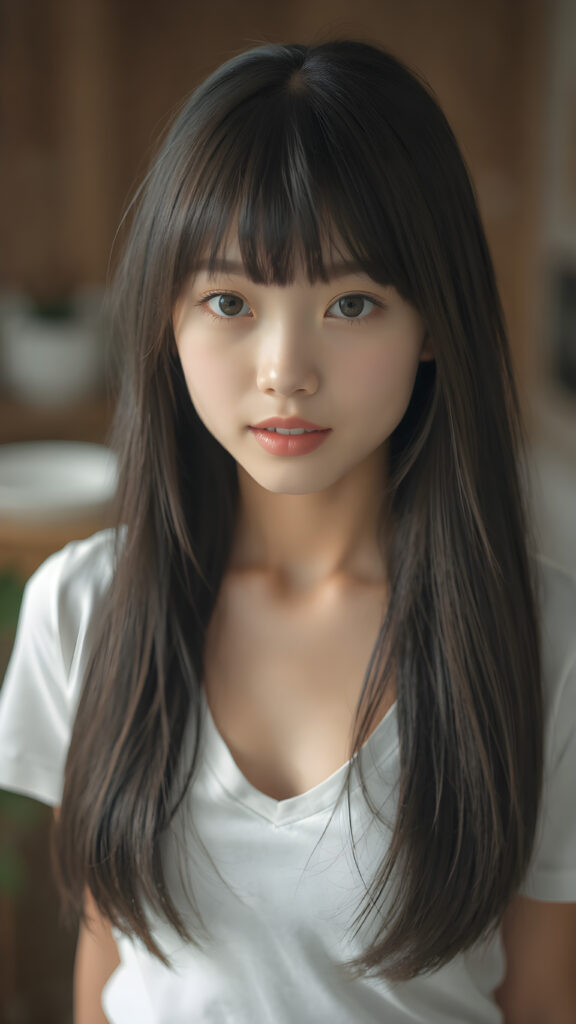 a (((super realistic full body photo))), captured from a (((young stunning and gorgeous well-busted Japanese teen girl)) with long straight obsidian hair, bangs cut, full lips, hyper-realistic eyes with perfectly matching pupils and white irises, a small flawless nose, and perfectly aligned and symmetrical front teeth, dressed in a (short tight white t-shirt with a deep v-neck)