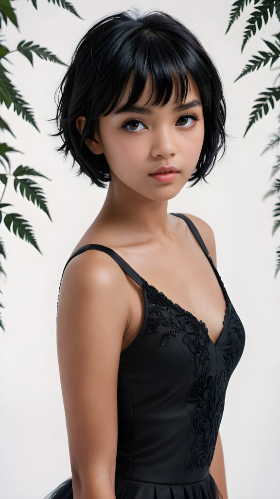 a (((super realistic, highly detailed, intricate photography))), capturing a (((beautiful young teen girl))) with an extremely defined and detailed face, including (((perfect, detailed obsidian black short hair, bangs))), intense eye shadow, and a (short, v-neck black tank top) with (sharply contrasting, luxurious black and white details), paired with (distinctively shaped, vividly hued glass heels) and a (modern, minimalist white backdrop) for a (full body photo) that exudes an (ominous, seductive aura), accented by (subtle yet intricate gothic details) like (dark, twisted foliage) and (ethereal, shimmering glowing particles) that imbue a sense of mystery and magic