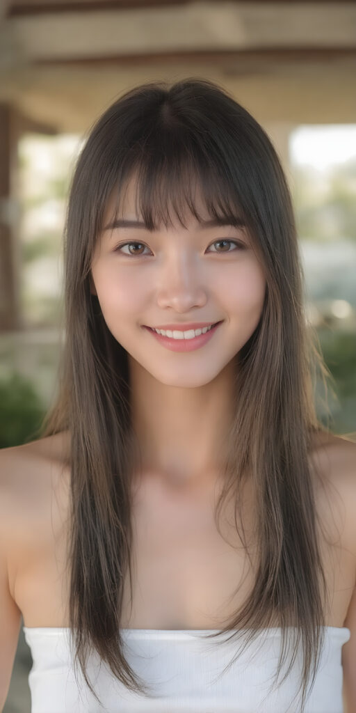 a (((super realistic))), (((high quality 8K image with intricate details))), capturing a (((extremely cute and stunning Asian teen girl) with vivid, long, straight hair styled in soft bangs, clear and natural eyes reflecting light, a charming smile softly curved, natural-looking lips, perfect for showcasing her beautiful face. She wears a ((white cropped top)) and ((short short jeans)), (((both open to emphasize her perfect legs)), with the sun's rays illuminating her skin, giving it an ethereal glow. (((She wears a single thin ((white) strapless cropped top and ((white jeans)), open to reveal her ((perfect legs).))) The scene is (extremely detailed) and (blurry background) with a ((face-forward pose)) and a ((natural look)) that emphasizes her youthful features. (((She is as realistic as possible, with a slightly flawless complexion and perfectly straight white teeth, all visible in a full-body portrait))).